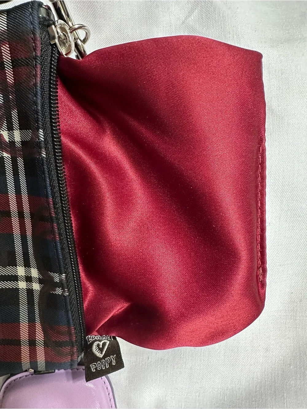 Coach Red & Black Plaid Wristlet Pouch with Silver Hardware